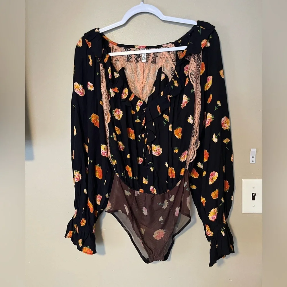 Free People Poppy Printed Black Combo Bodysuit